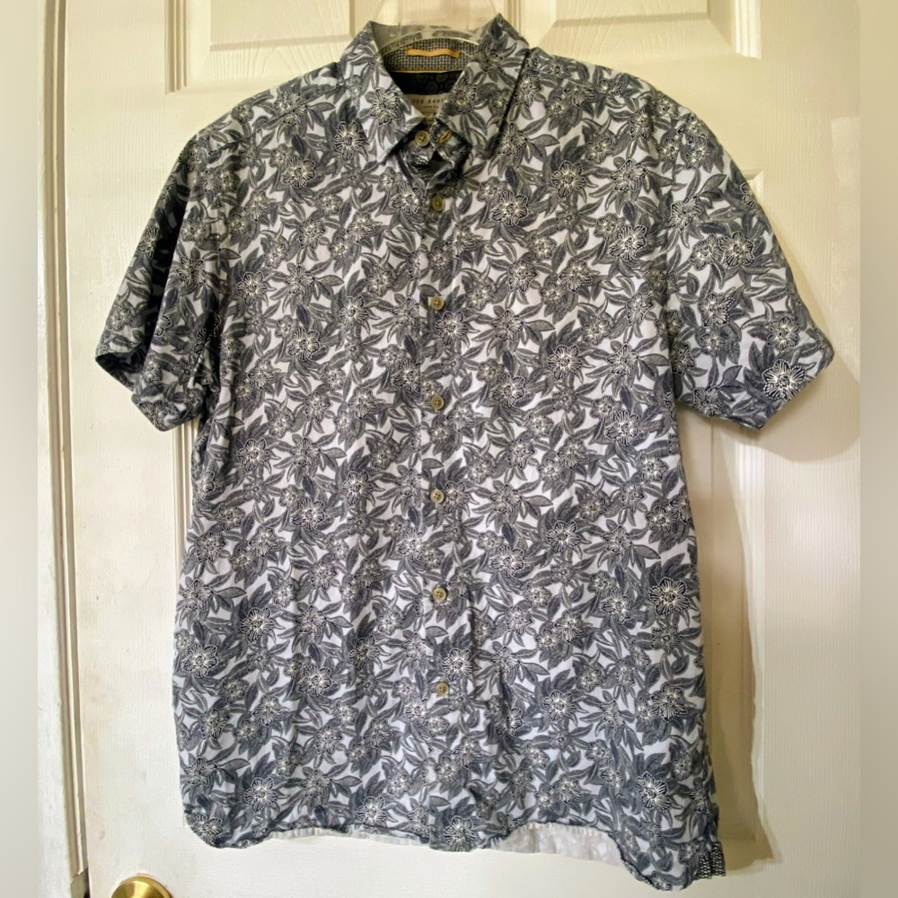 Ted Baker men’s Tropical flowers Print Short Sleeved Button Down Shirt Sz 4 NWOT